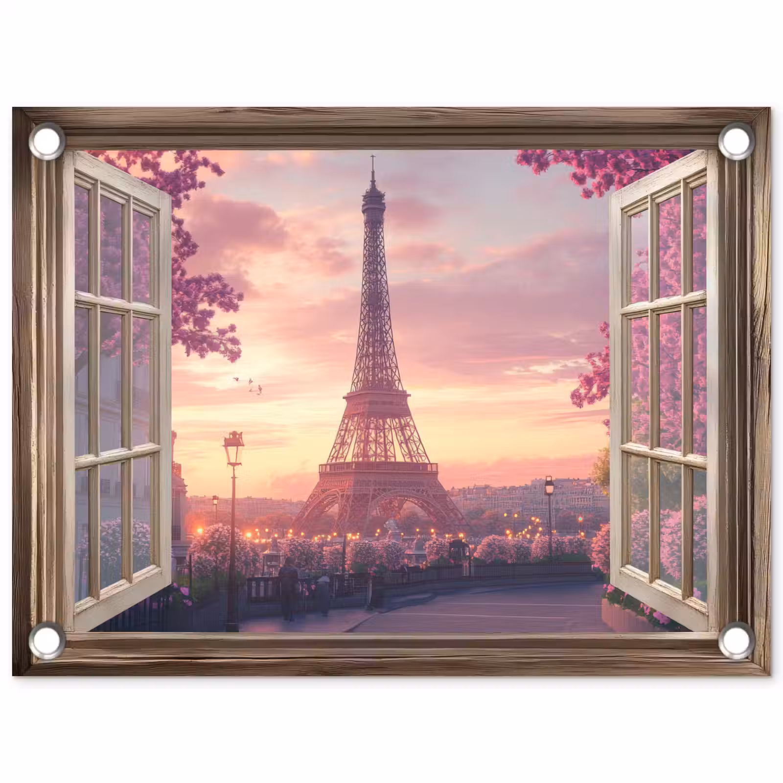 Tuinposter - Doorkijk - Parijs - Eiffeltoren - Roze - Kersenbloesem — 1