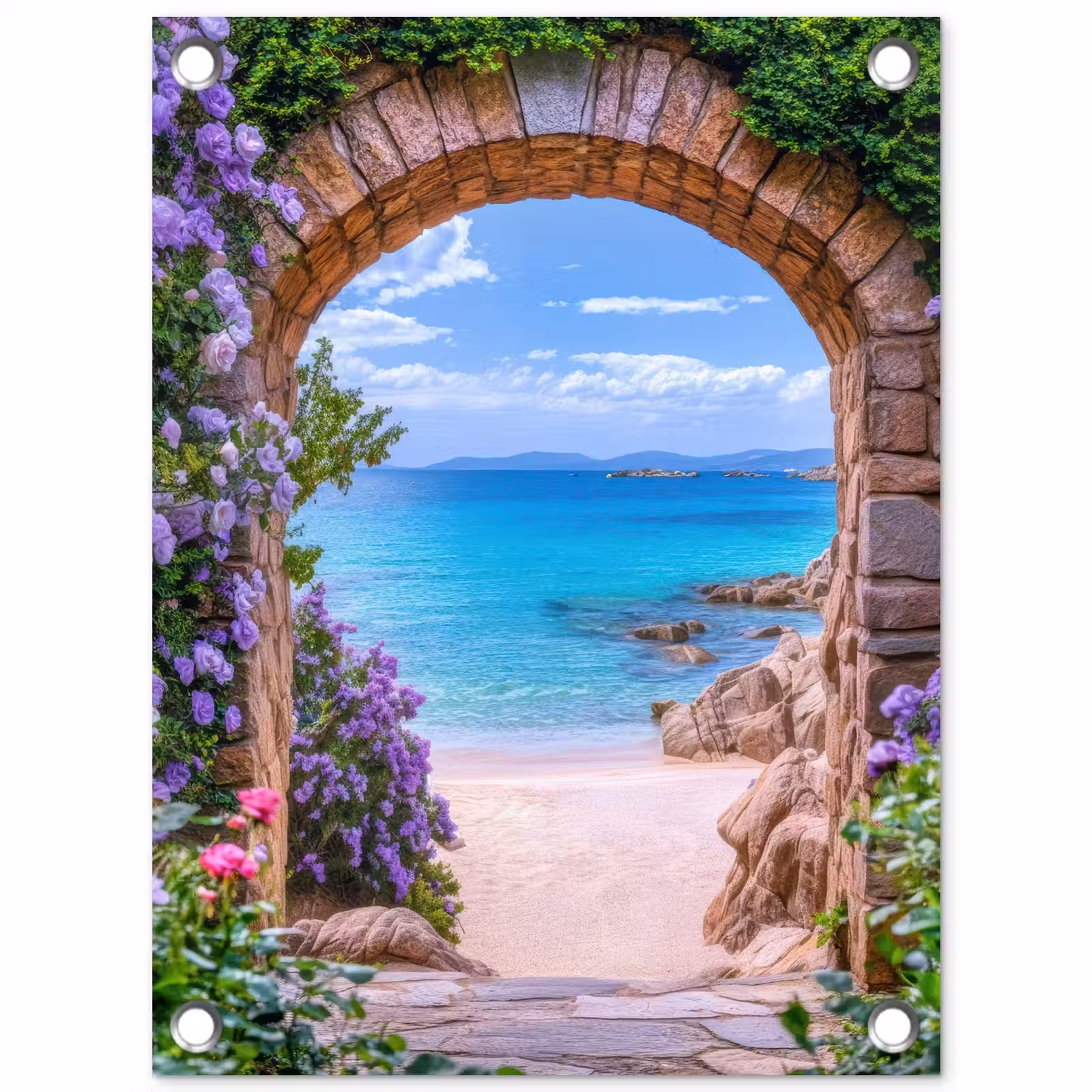 Tuinposter - Doorkijk - Poort - Zee - Strand - Rotsen — 1
