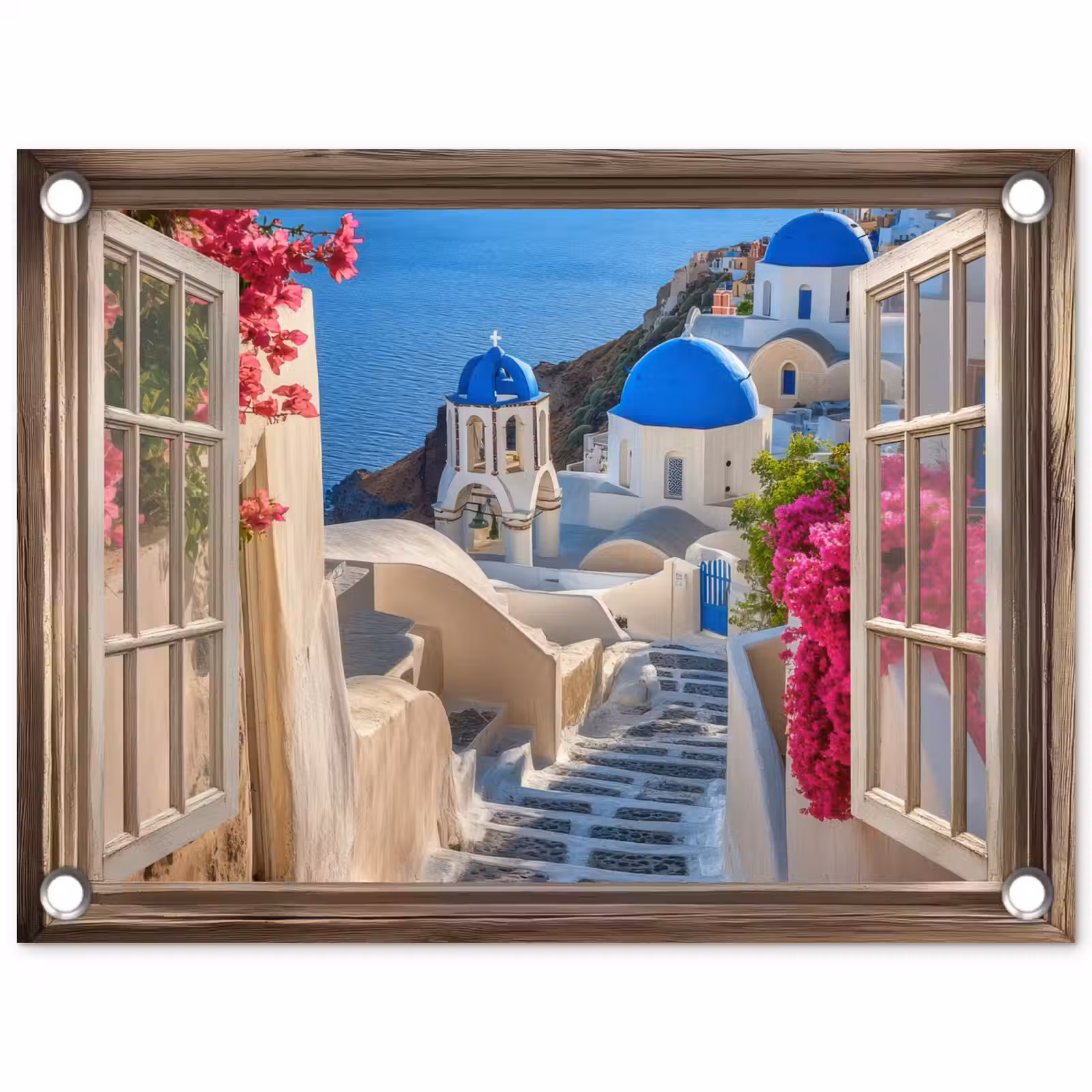 Tuinposter - Doorkijk - Santorini - Landschap - Blauw - Grieks — 1