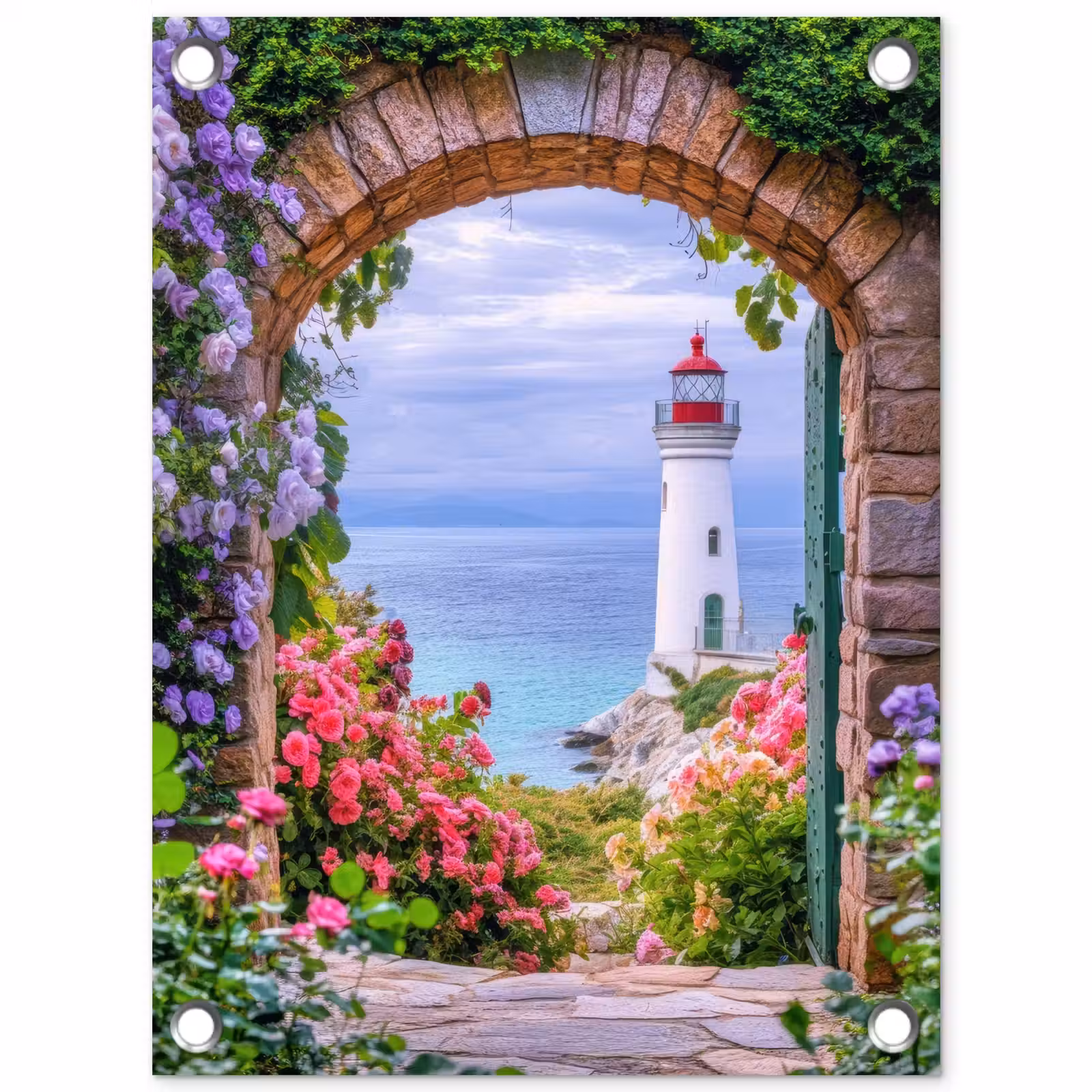 Tuinposter - Doorkijk - Vuurtoren - Bloemen - Uitzicht — 1