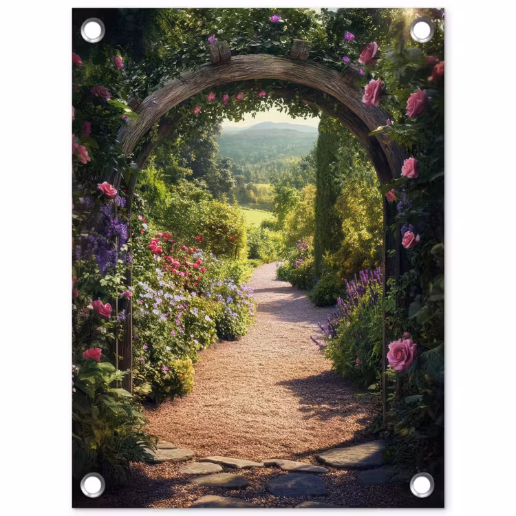 Tuinposter - Doorkijk - Bloemen - Natuur - Rozenboog — 1