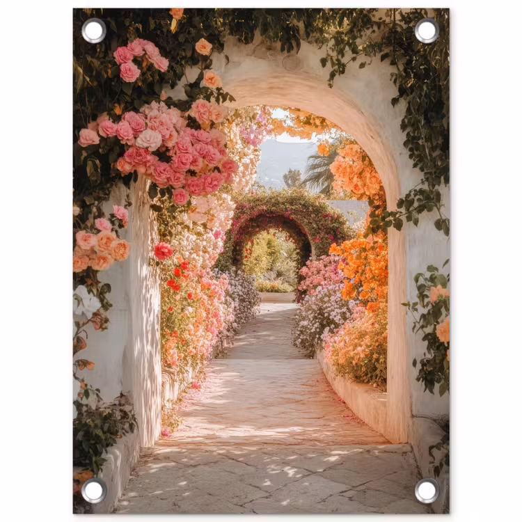 Tuinposter - Doorkijk - Boog - Bloemen - Pastel — 1