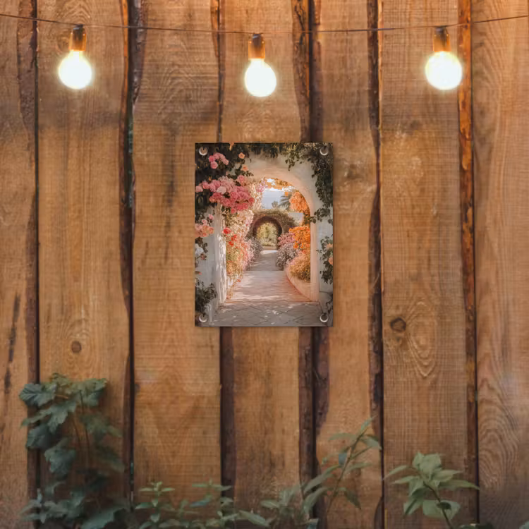 Tuinposter - Doorkijk - Boog - Bloemen - Pastel — 2