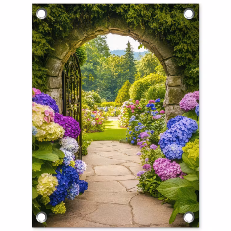 Tuinposter - Doorkijk - Poort - Hortensia - Bloementuin — 1