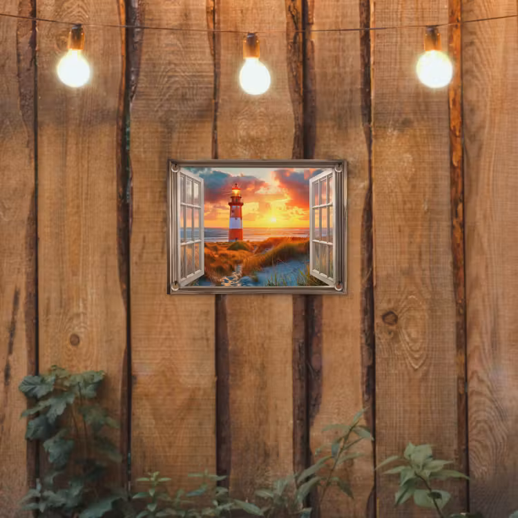 Tuinposter - Doorkijk - Raam - Vuurtoren - Zonsondergang - Strand — 2