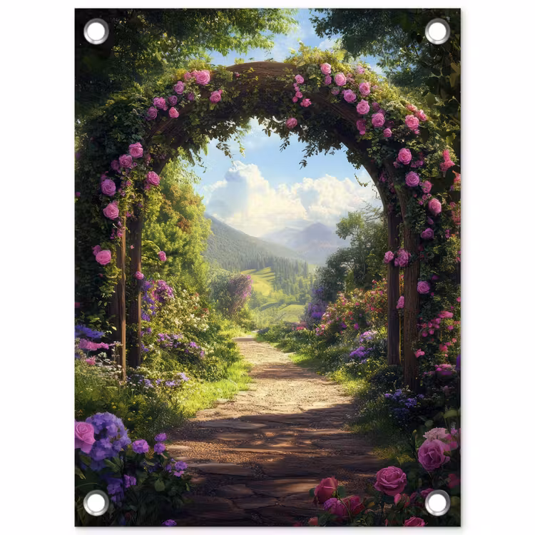 Tuinposter - Doorkijk - Rozenboog - Uitzicht - Landschap - Bloemen — 1