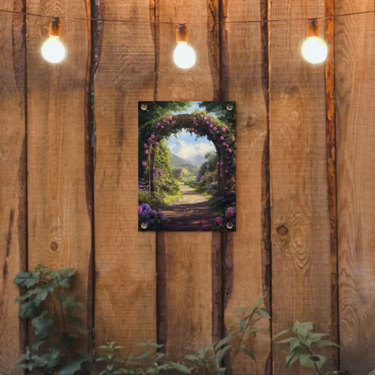 Tuinposter - Doorkijk - Rozenboog - Uitzicht - Landschap - Bloemen — 2