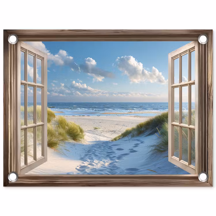 Tuinposter - Doorkijk - Strand - Raam - Duinen - Zee — 1
