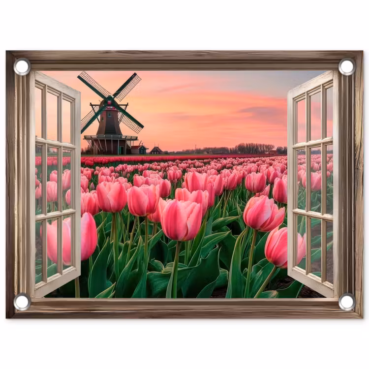 Tuinposter - Doorkijk - Tulpen - Bloemen - Molen - Raam — 1