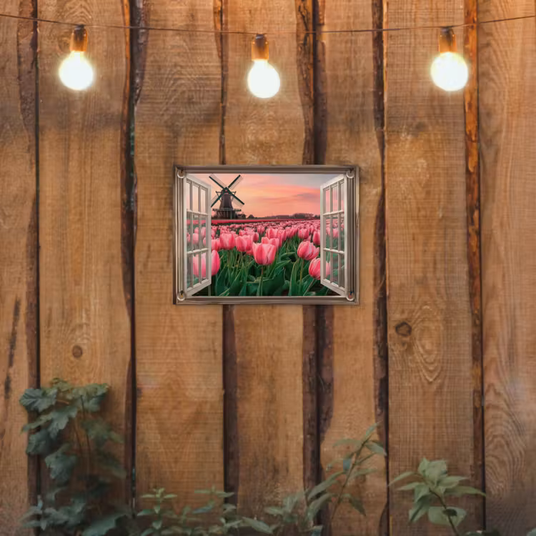 Tuinposter - Doorkijk - Tulpen - Bloemen - Molen - Raam — 2