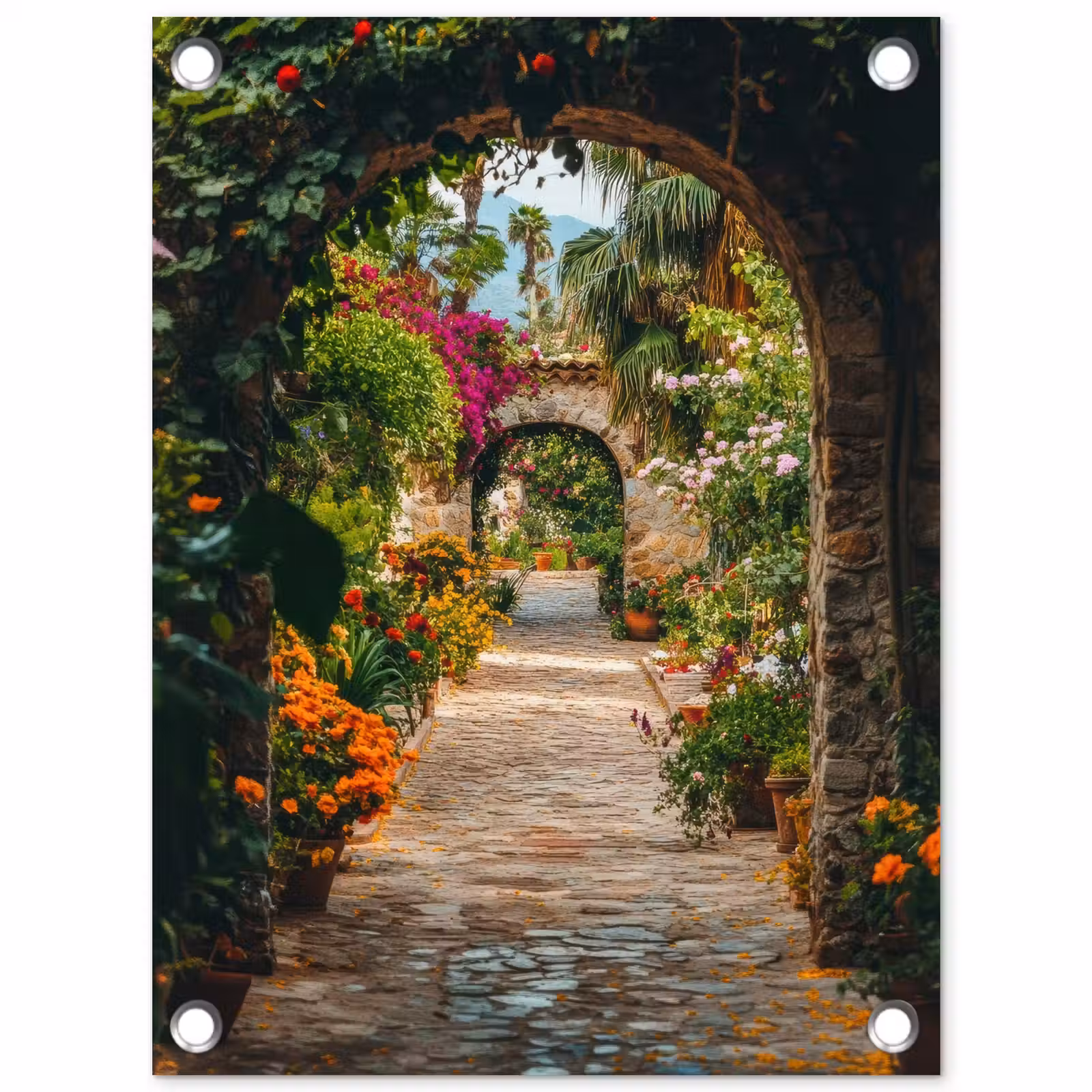 Tuinposter - Doorkijk - Bloemen - Poort - Stenen — 1