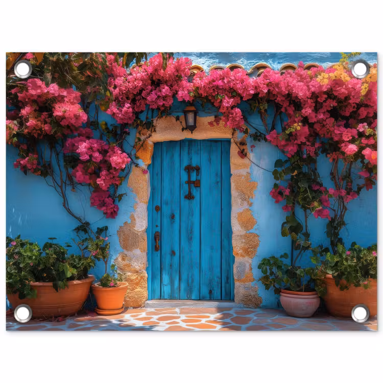 Tuinposter - Deur - Hout - Bloemen - Blauw — 1