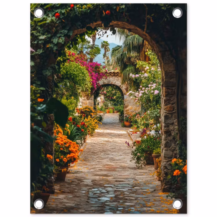 Tuinposter - Doorkijk - Bloemen - Poort - Stenen — 1