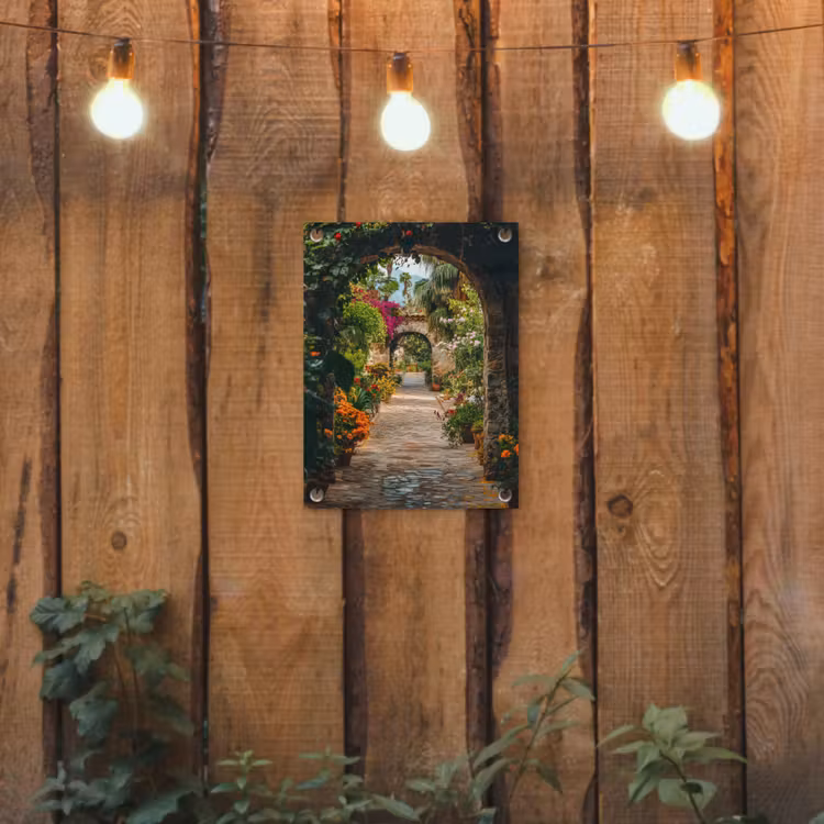 Tuinposter - Doorkijk - Bloemen - Poort - Stenen — 2