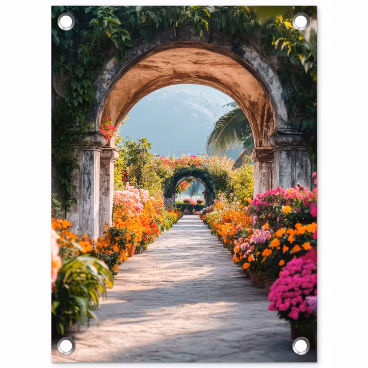 Tuinposter - Doorkijk - Bloemen - Tropisch - Kleurrijk — 1