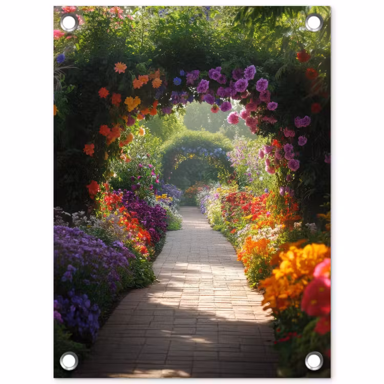 Tuinposter - Doorkijk - Pad - Bloemen - Struik - Kleurrijk — 1