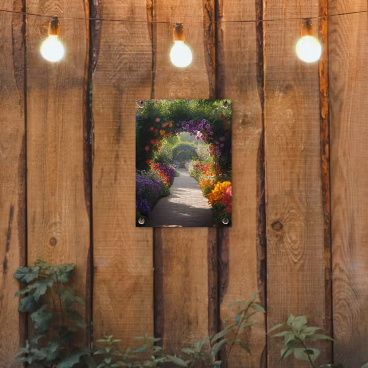 Tuinposter - Doorkijk - Pad - Bloemen - Struik - Kleurrijk — 2