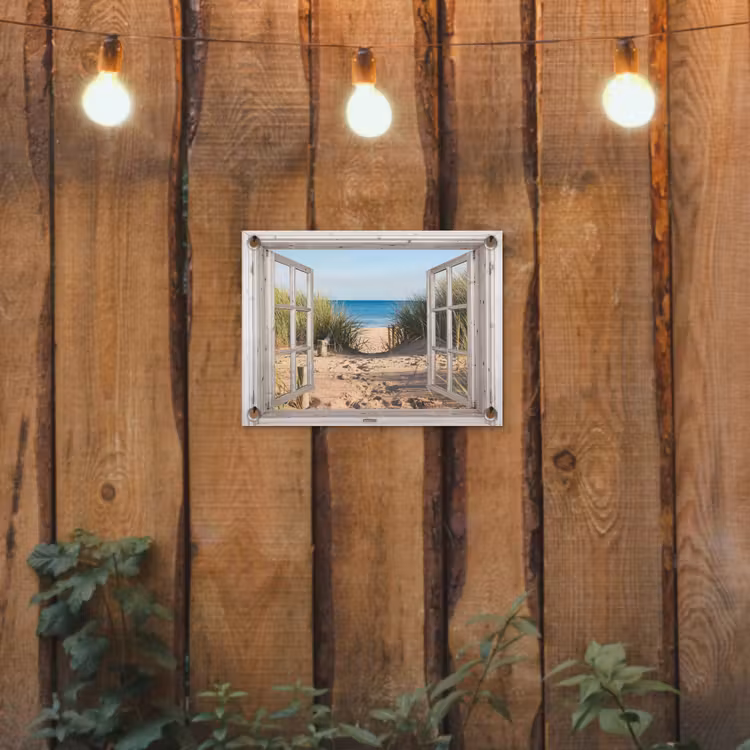 Tuinposter - Doorkijk - Strand - Zee - Duinen - Zand - Water - Helmgras — 2