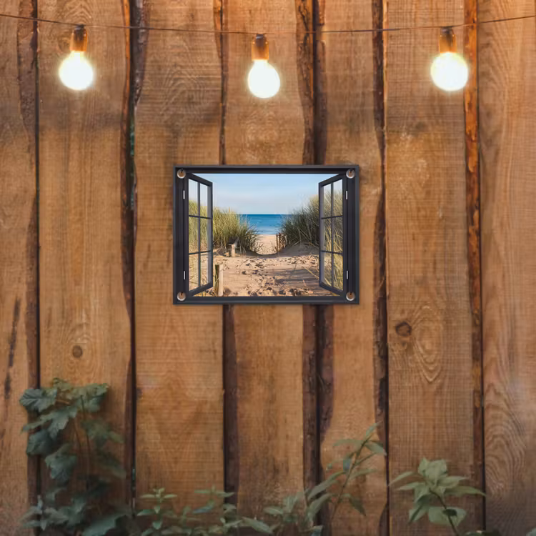 Tuinposter - Doorkijk - Strand - Zee - Zand - Water - Helmgras - Duinen — 2