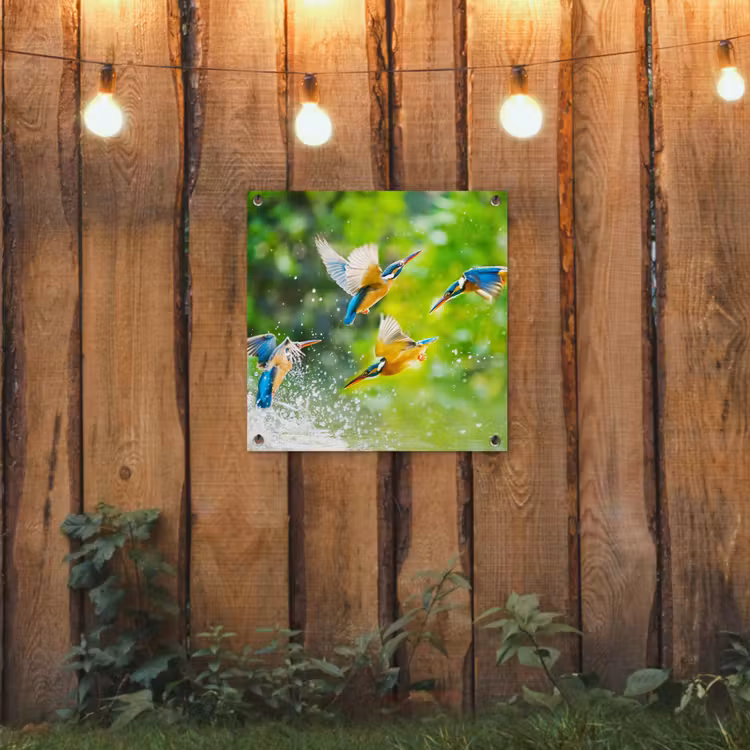 Tuinposter - IJsvogels vliegen in het water — 2