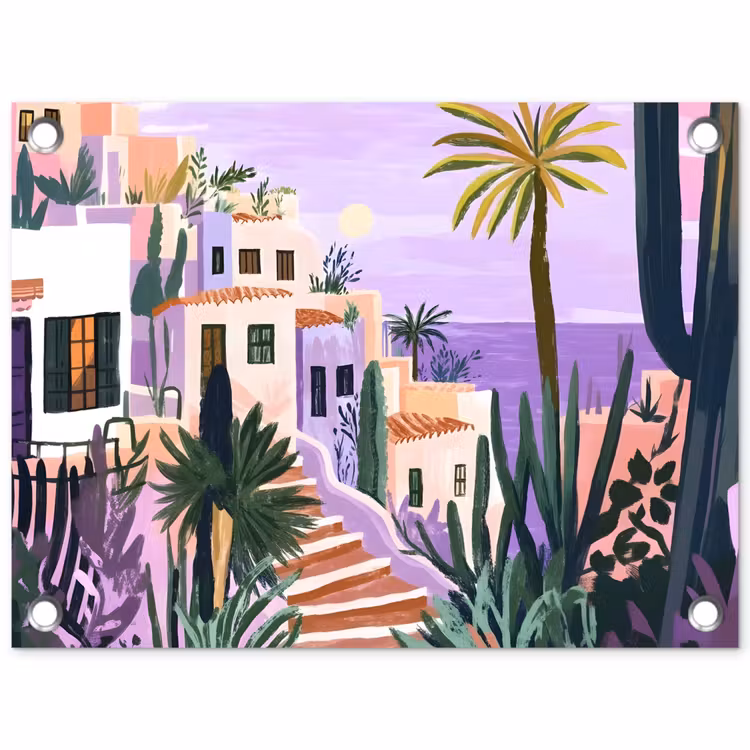 Tuinposter - Huizen - Minimalistisch - Palmbomen - Kust — 1