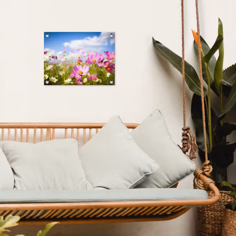Tuinposter - Bloemen - Wei - Paars - Gras - Wit - Wolken - Blauw — 5