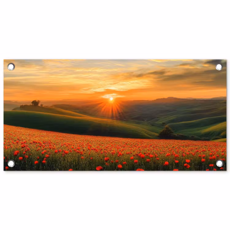 Tuinposter - Klaprozen - Bloemen - Heuvels - Zonsondergang — 1