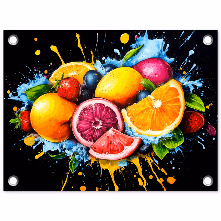 Tuinposter - Fruit - Graffiti - Kleurrijk - Sinaasappel - Aardbei - Abstract — 1