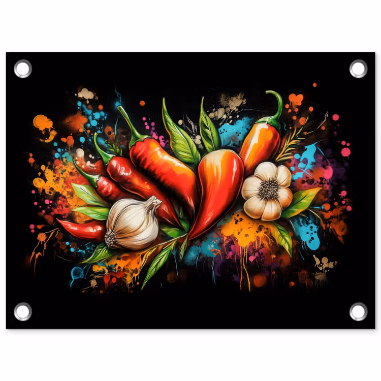 Tuinposter - Groente - Peper - Knoflook - Graffiti - Verf - Kleurrijk — 1