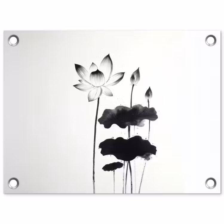 Tuinposter - Bladeren - Zwart - Lotusbloem - Minimalitisch — 1