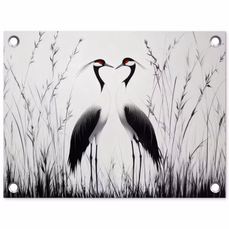 Tuinposter - Kraanvogels - Gras - Hartvorm - Zwart — 1