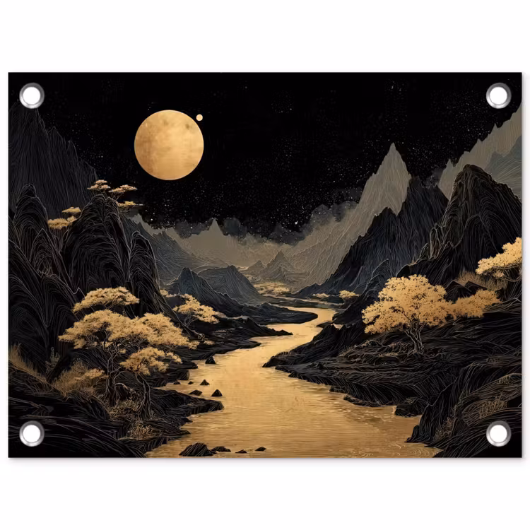 Tuinposter - Gouden rivier - Bergen - Maan - Sterrenhemel — 1