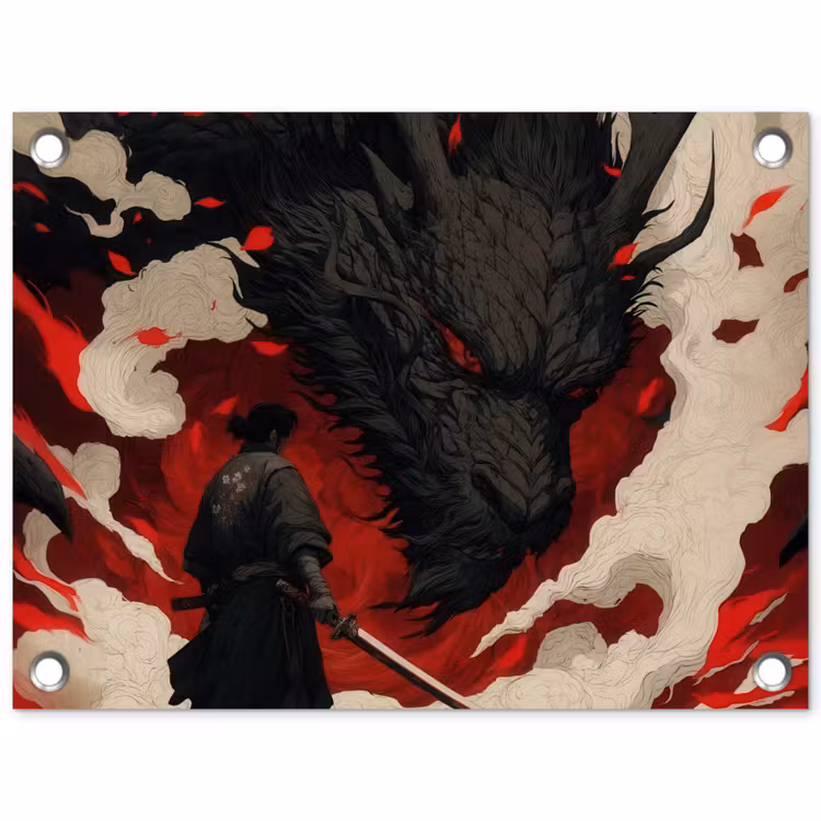 Tuinposter - Krijger - Draak - Zwart - Rood - Rook — 1