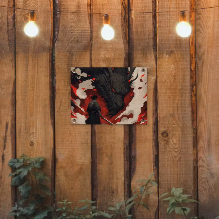 Tuinposter - Krijger - Draak - Zwart - Rood - Rook — 2