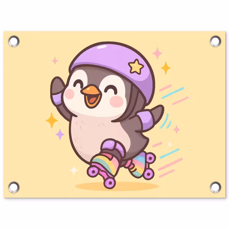 Tuinposter - Pinguïn - Rolschaatsen - Geel - Energiek — 1