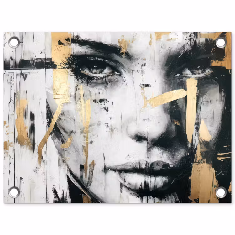 Tuinposter - Portret - Vrouw - Penseelstreken - Goud — 1
