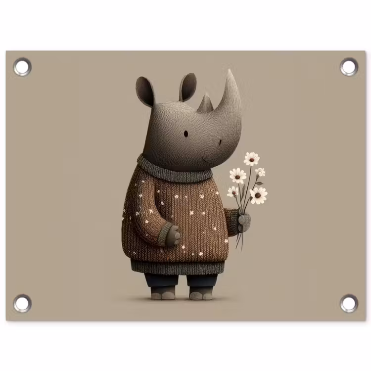 Tuinposter - Neushoorn - Witte bloemen - Lief — 1