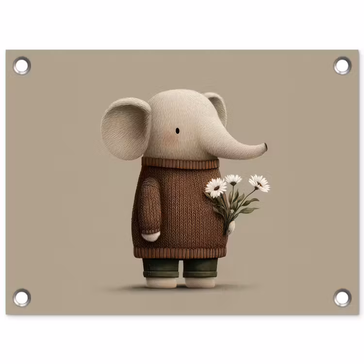 Tuinposter - Olifant - Witte bloemen - Kindvriendelijk — 1
