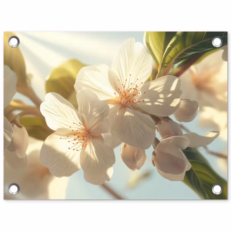 Tuinposter - Bloesems - Wit - Zonnestralen - Bloemblaadjes — 1