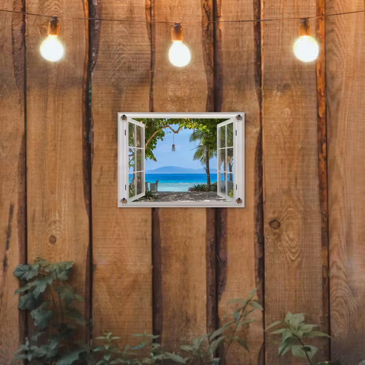 Tuinposter - Doorkijk - Boom - Zee - Palmboom - Heuvels - Strand - Blauw — 2