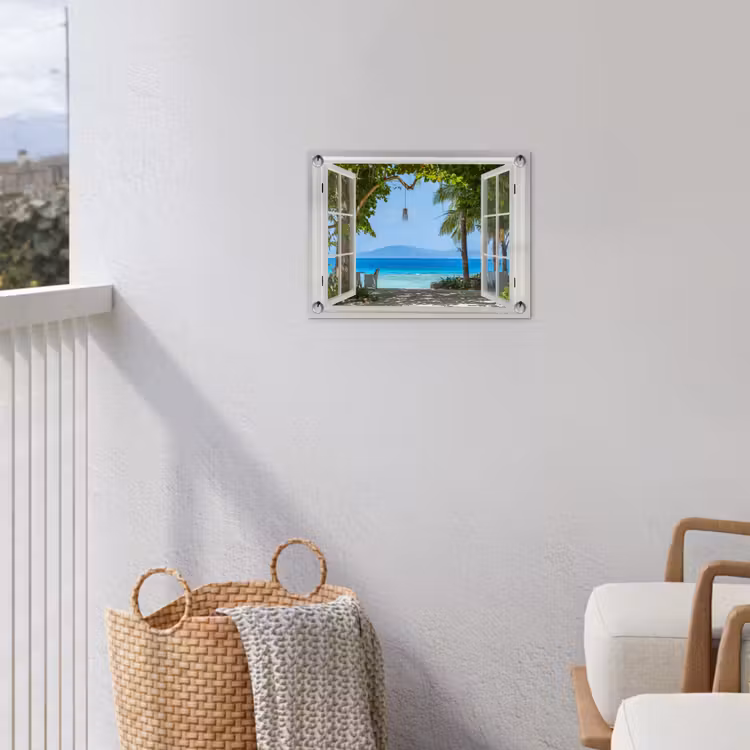 Tuinposter - Doorkijk - Boom - Zee - Palmboom - Heuvels - Strand - Blauw — 3