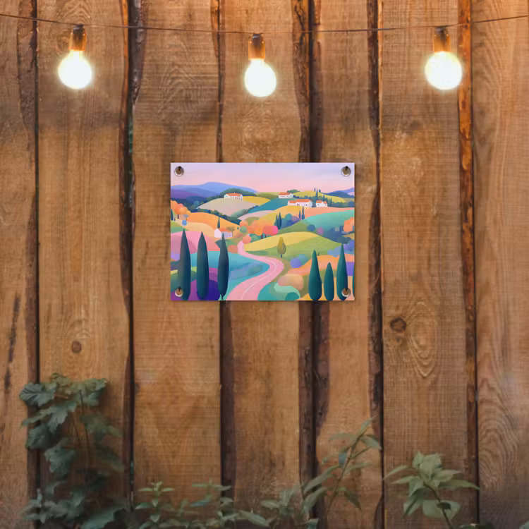 Tuinposter - Landschap - Paars - Pastel - Huizen — 2