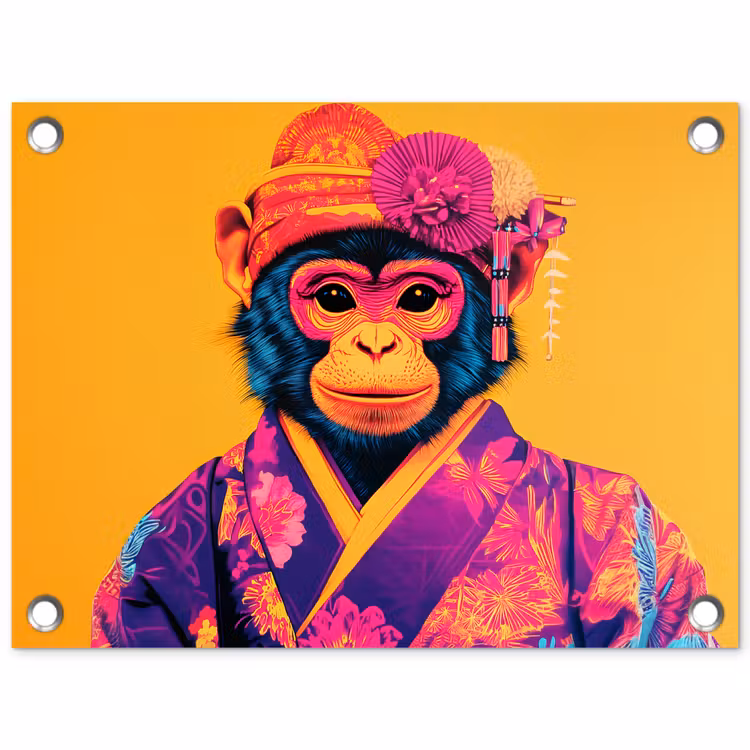 Tuinposter - Aap - Kimono - Bloemen - Hoofdtooi — 1