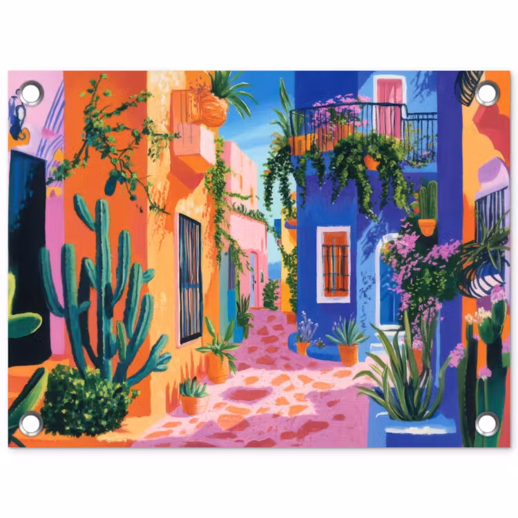 Tuinposter - Geel - Blauw - Oranje - Huis — 1