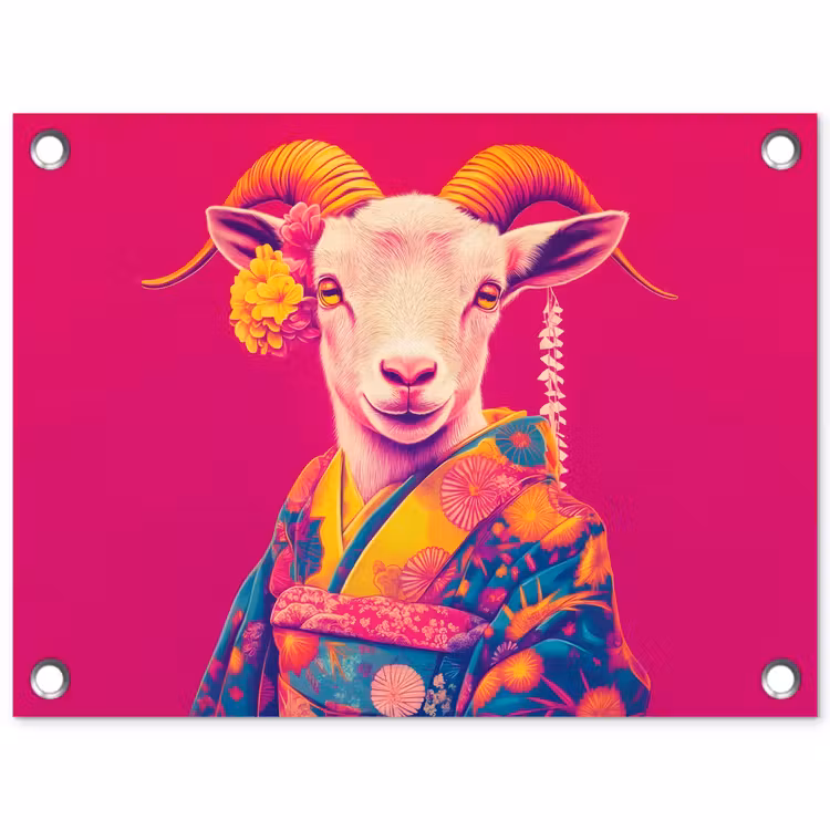 Tuinposter - Geit - Hoorns - Kimono - Kleurrijk — 1