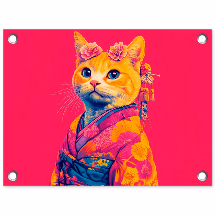 Tuinposter - Kat - Kimono - Bloemen - Roze — 1