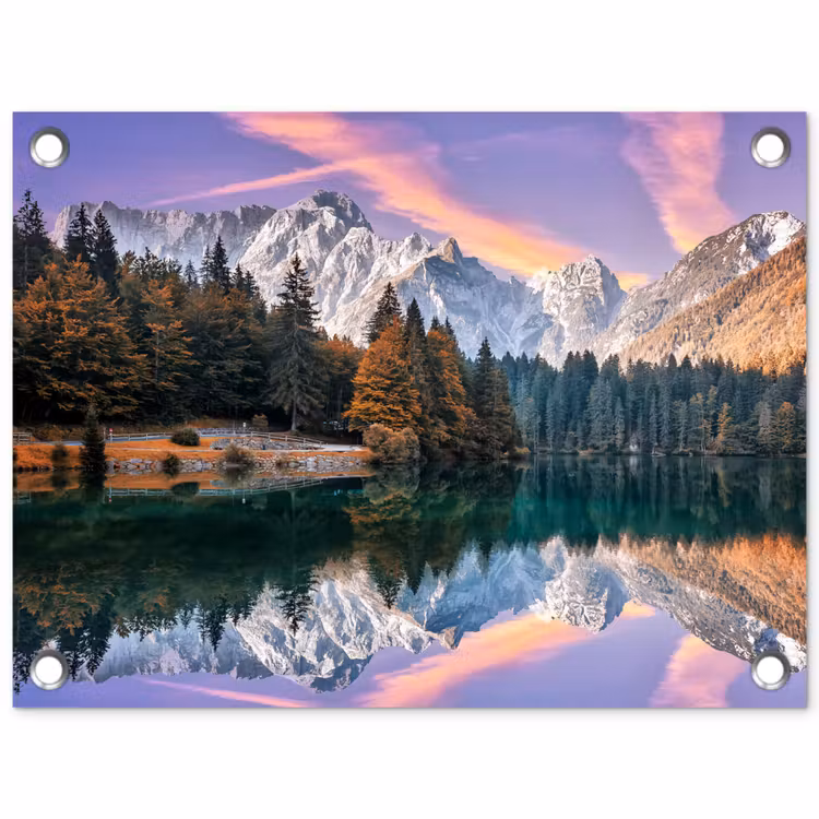 Tuinposter - Bergen - Bos - Water - Lucht - Roze - Paars — 1