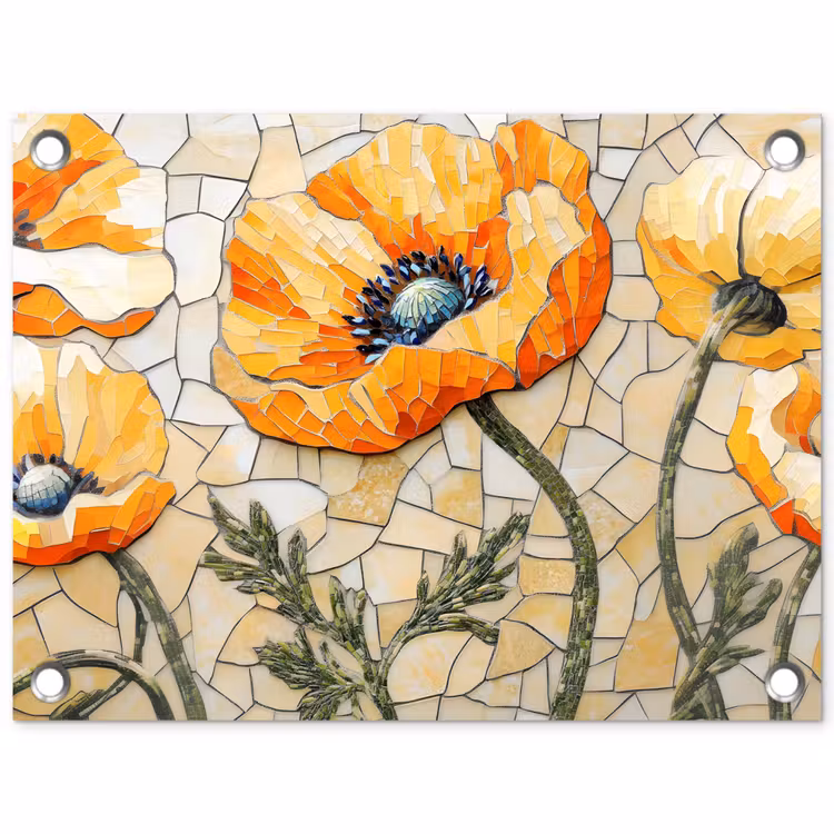 Tuinposter - Klaprozen - Oranje - Mozaïek - Bladeren — 1