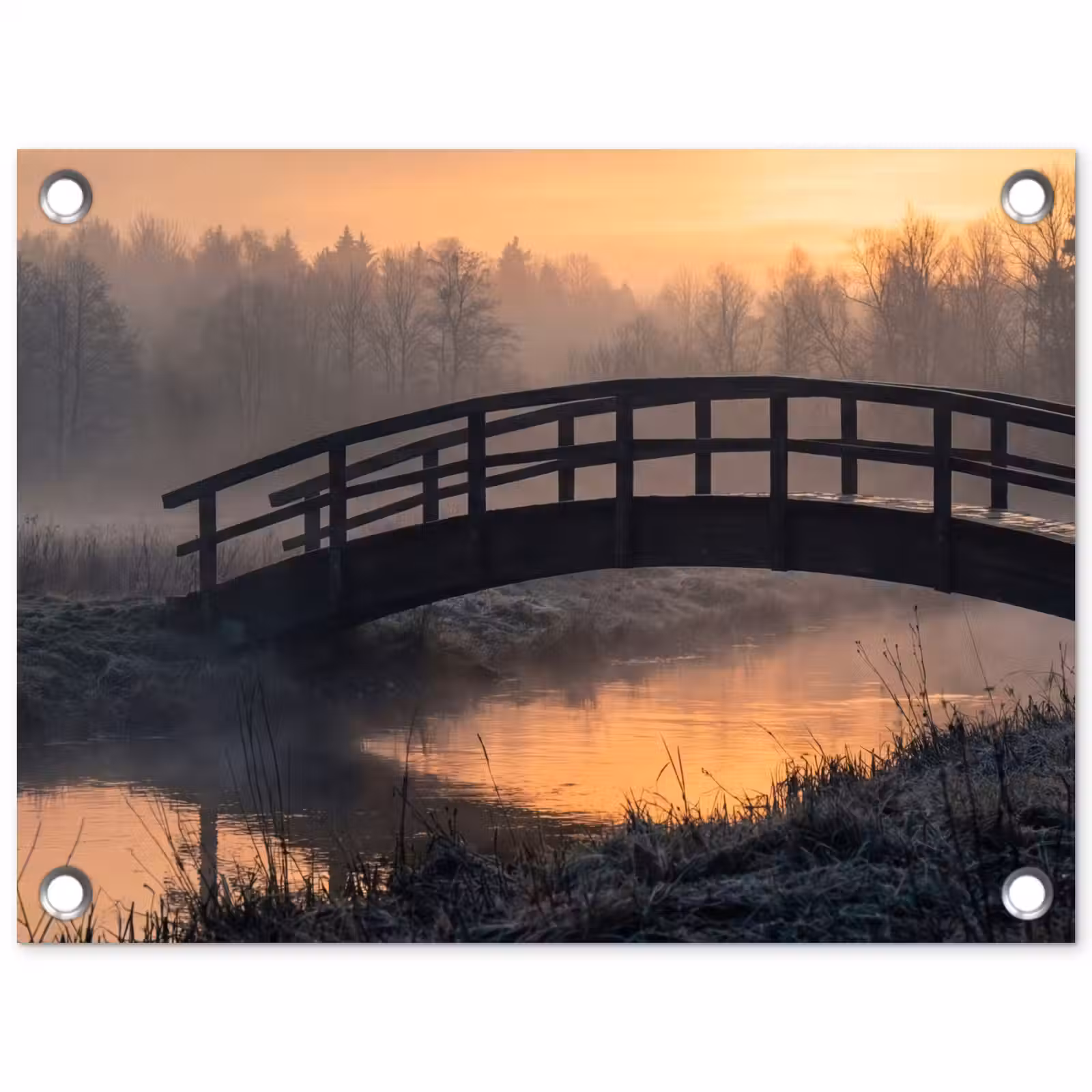 Tuinposter - Brug - Mist - Bomen - Water — 1