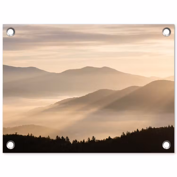 Tuinposter - Bergen - Mist - Zonnestralen — 1